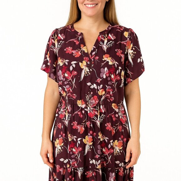 Burgundy Floral Midi Dress Medium Button Front Boho Cottagecore Summer Casual - Picture 1 of 14
